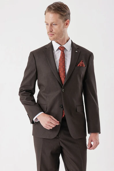 Kahverengi Desenli Armürlü Mono Yaka 4 Drop Comfort Fit Rahat Kesim Klasik Takım Elbise 1001235150 - Resim 4