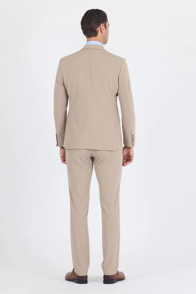 Koyu Bej Kırlangıç Yaka Kelebek Astar 6 Drop Slim Fit   Beli Lastikli Takım Elbise 1001250176 - Resim 5