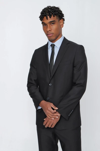 Siyah Düz Gabardin Mono Yaka 2 Düğme 6 Drop Comfort Fit Basic Takım Elbise 1001250009_001 - Resim 2