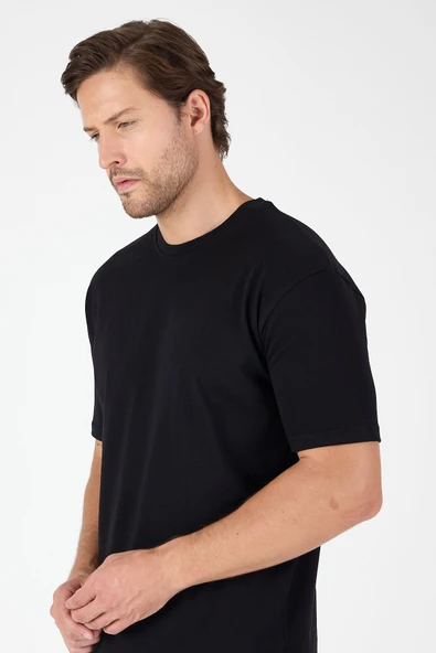 Siyah Bisiklet Yaka Kısa Kol Slim Fit Pamuklu Tişört 1011250191 - Resim 2