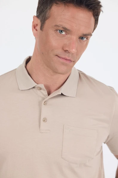 Bej Kısa Kol Polo Yaka Cepli Classic Standart Beden Tişört 1011250173 - Resim 4