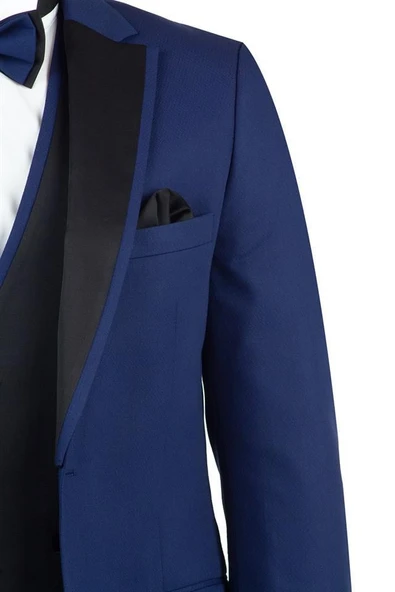 Lacivert Armürlü Mono Yaka Astarlı Yelekli 6 Drop Slim Fit Smokin Damatlık 1001190150 - Resim 4