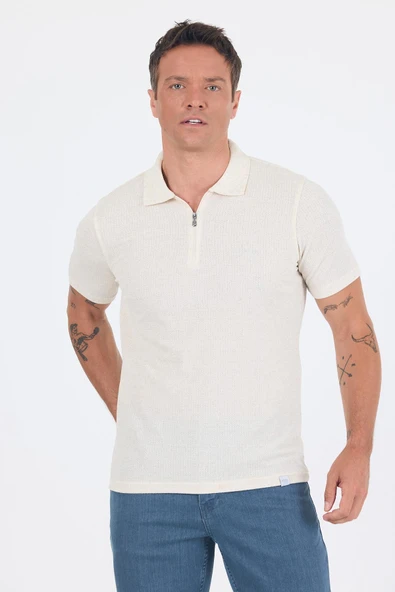 Ekru Kısa Kol Düz Suprem Polo Yaka Cepsiz Pamuklu Casual Slim Fit Tişört 1011250162_609 ürün görseli