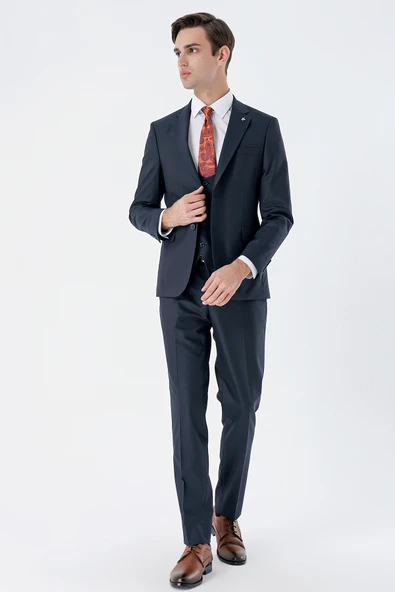 Lacivert Mono Yaka Astarlı Yelekli 6 Drop Slim Fit Dar Kesim Basic Takım Elbise 1001235186 - Resim 6