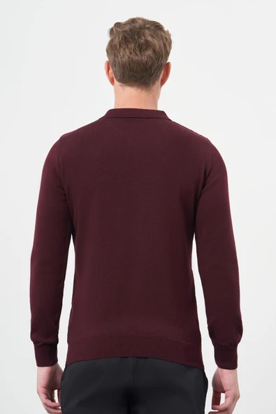 Bordo Uzun Kol Kendinden Desenli Örme Polo Yaka Classic Comfort Fit Triko 1012245156 - Resim 5