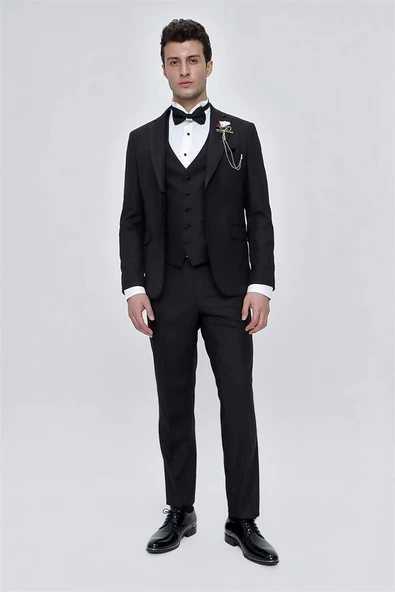 Siyah Armürlü Çıkarılabilir Mono Yaka Yelekli 6 Drop Slim Fit Smokin Damatlık 1001225202 - Resim 3