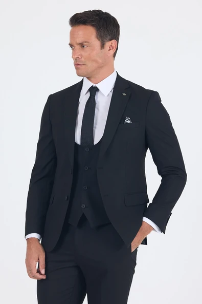 Siyah Düz Bez Ayağı Mono Yaka 2 Düğme 6 Drop Slim Fit Basic Takım Elbise 1001250186_001 - Resim 3