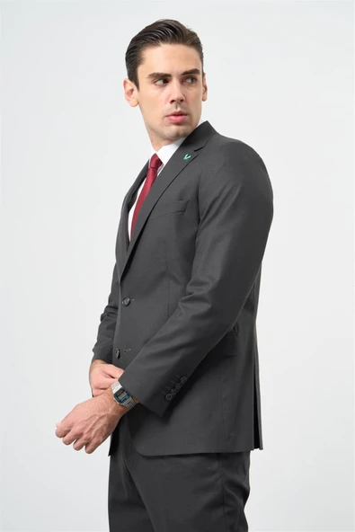 Koyu Antrasit Yünlü Likralı 6 Drop Comfort Fit Klasik Takım Elbise 1001235904 - Resim 2