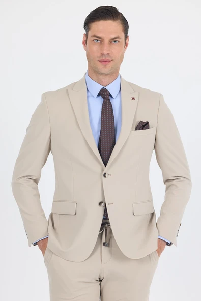 Bej Kırlangıç Yaka Kelebek Astar 6 Drop Slim Fit   Beli Lastikli Takım Elbise 1001250176 - Resim 3