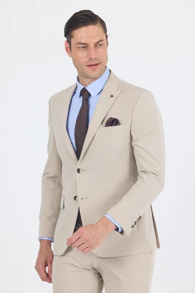 Bej Kırlangıç Yaka Kelebek Astar 6 Drop Slim Fit   Beli Lastikli Takım Elbise 1001250176 ürün görseli