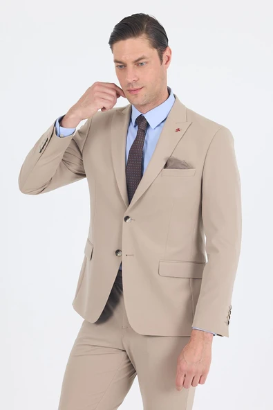 Koyu Bej Kırlangıç Yaka Kelebek Astar 6 Drop Slim Fit   Beli Lastikli Takım Elbise 1001250176 - Resim 3