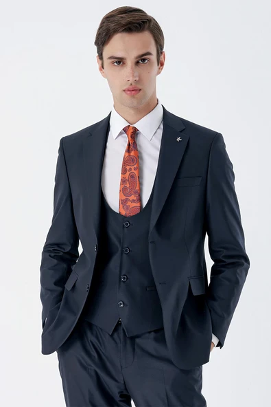 Lacivert Mono Yaka Çift Yırtmaç Yelekli 6 Drop Slim Fit Dar Kesim Basic Takım Elbise 1001245186 - Resim 6