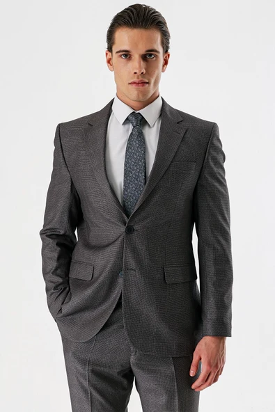 Gri Ekoseli Mono Yaka Çift Yırtmaç 6 Drop Comfort Rahat Kesim Klasik Takım Elbise 1001240160 - Resim 3