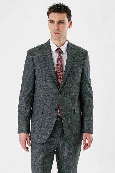 Siyah Ekoseli Mono Yaka Likralı 6 Drop Comfort Fit Rahat Kesim Klasik Takım Elbise 1001240165 - Resim 2