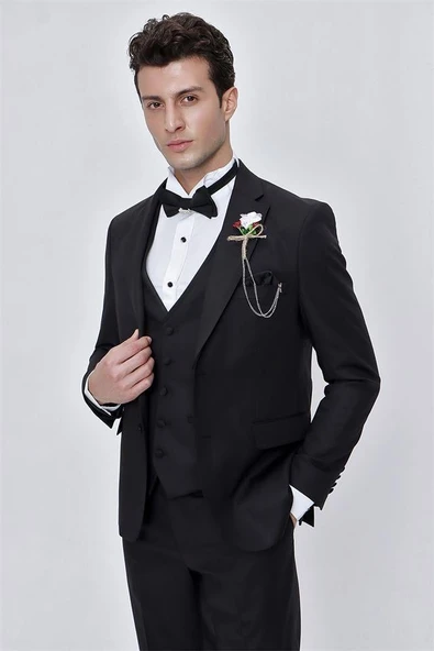 Siyah Armürlü Çıkarılabilir Mono Yaka Yelekli 6 Drop Slim Fit Smokin Damatlık 1001225202 - Resim 7