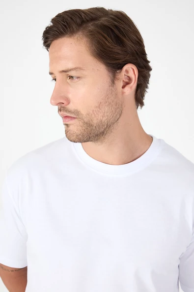 Beyaz Bisiklet Yaka Kısa Kol Slim Fit Pamuklu Tişört 1011250191 - Resim 3