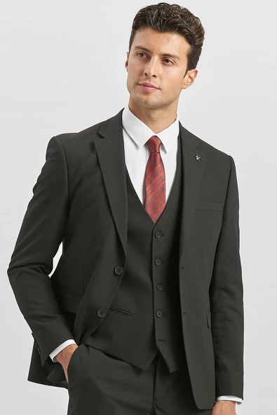 Siyah Desenli Armürlü Mono Yaka Yelekli Likralı 6 Drop Slim Fit Takım Elbise 1001240180 - Resim 4