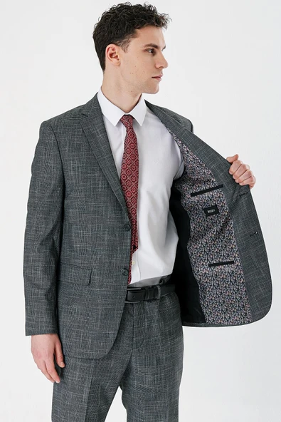 Siyah Ekoseli Mono Yaka Likralı 6 Drop Comfort Fit Rahat Kesim Klasik Takım Elbise 1001240165 - Resim 4