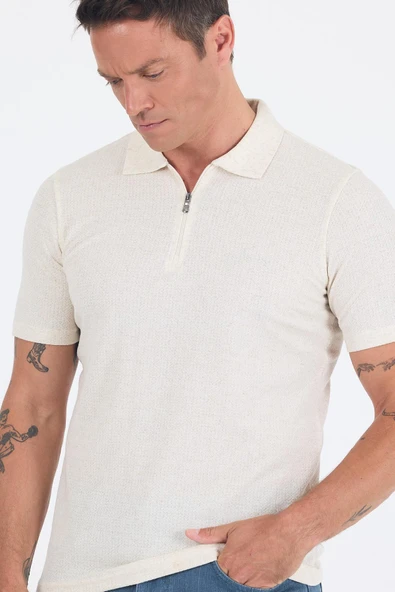 Ekru Kısa Kol Düz Suprem Polo Yaka Cepsiz Pamuklu Casual Slim Fit Tişört 1011250162_609 - Resim 3