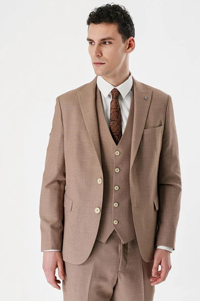 Camel Desenli Kırlangıç Yaka Yelekli 6 Drop Slim Fit Dar Kesim Klasik Takım Elbise 1001240157 - Resim 5