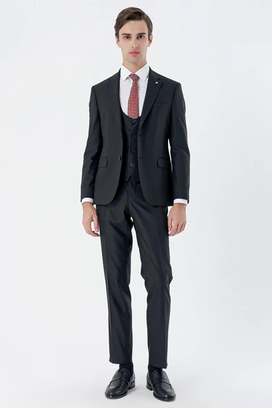 Siyah Mono Yaka Çift Yırtmaç Yelekli 6 Drop Slim Fit Dar Kesim Basic Takım Elbise 1001245186 - Resim 2