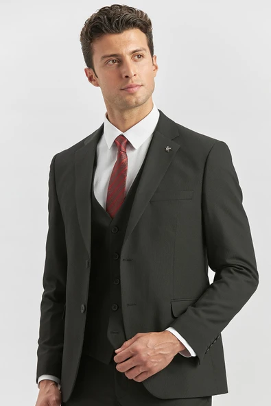 Siyah Desenli Armürlü Mono Yaka Yelekli Likralı 6 Drop Slim Fit Takım Elbise 1001240180 ürün görseli