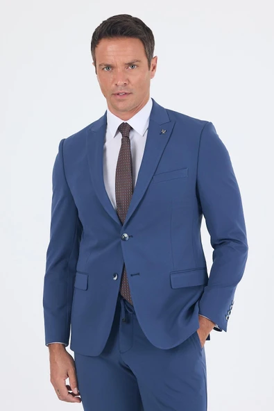 Lacivert Kırlangıç Yaka Kelebek Astar 6 Drop Slim Fit   Beli Lastikli Takım Elbise 1001250176 - Resim 3
