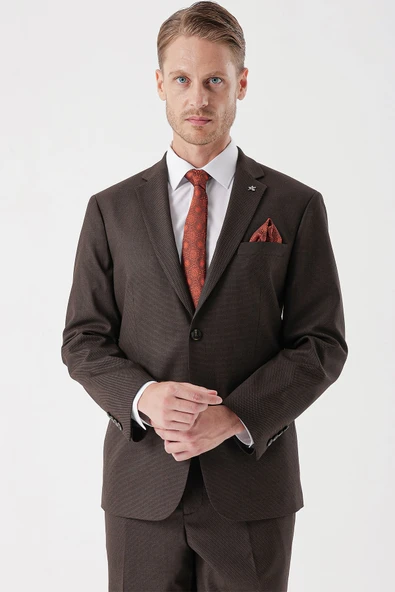 Kahverengi Desenli Armürlü Mono Yaka 4 Drop Comfort Fit Rahat Kesim Klasik Takım Elbise 1001235150 - Resim 7