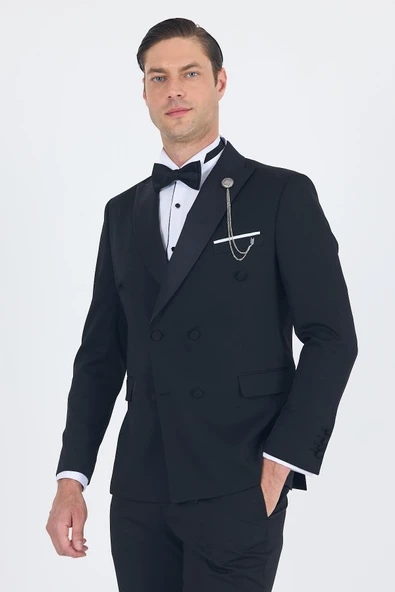 Siyah Kılıç Yaka Kruvaze Slim Fit Ceremony Takım Elbise 1001250203 - Resim 3