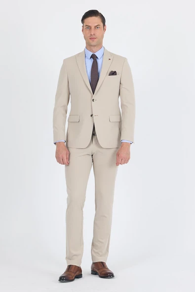 Bej Kırlangıç Yaka Kelebek Astar 6 Drop Slim Fit   Beli Lastikli Takım Elbise 1001250176 - Resim 2