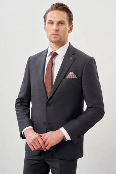 Koyu Antrasit Mono Yaka 6 Drop Comfort Fit Classic Takım Elbise 1001245162 - Resim 3