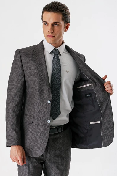 Gri Ekoseli Mono Yaka Çift Yırtmaç 6 Drop Comfort Rahat Kesim Klasik Takım Elbise 1001240160 - Resim 7