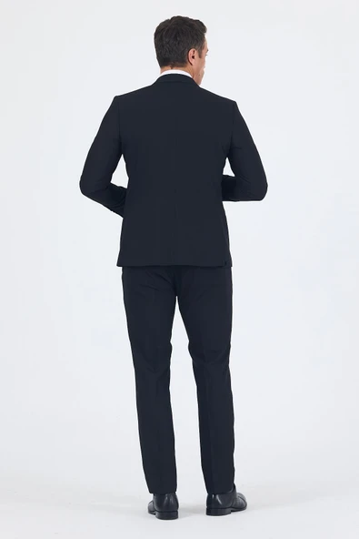 Siyah Düz Gabardin Kılıç Yaka 2 Düğme Pamuklu 6 Drop Slim Fit Basic Takım Elbise 1001250011_001 - Resim 5