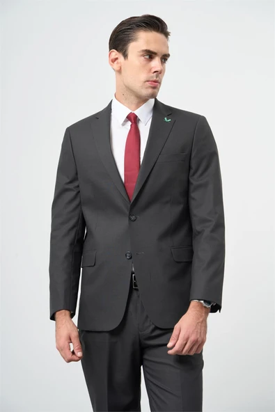 Koyu Antrasit Yünlü Likralı 6 Drop Comfort Fit Klasik Takım Elbise 1001235904 ürün görseli