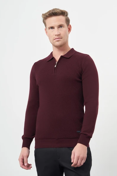 Bordo Uzun Kol Kendinden Desenli Örme Polo Yaka Classic Comfort Fit Triko 1012245156 ürün görseli
