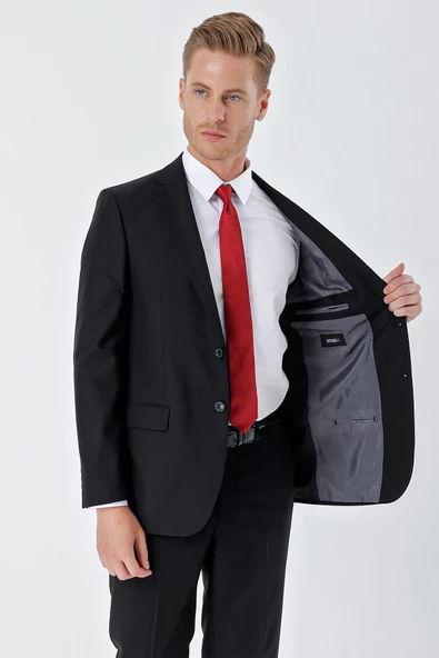 Siyah Gabardin Mono Yaka 6 Drop Comfort Fit Rahat Kesim Basic Takım Elbise 1001240010 - Resim 3