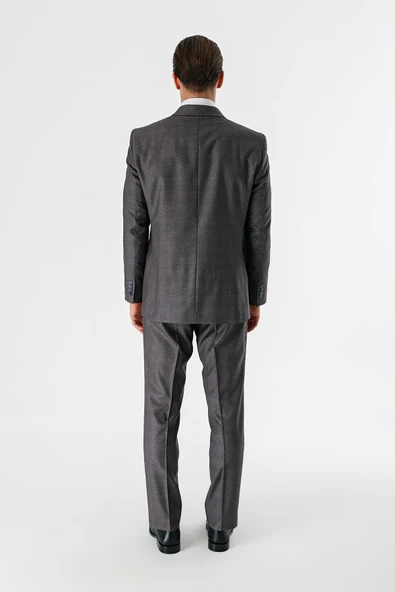 Gri Ekoseli Mono Yaka Çift Yırtmaç 6 Drop Comfort Rahat Kesim Klasik Takım Elbise 1001240160 - Resim 8