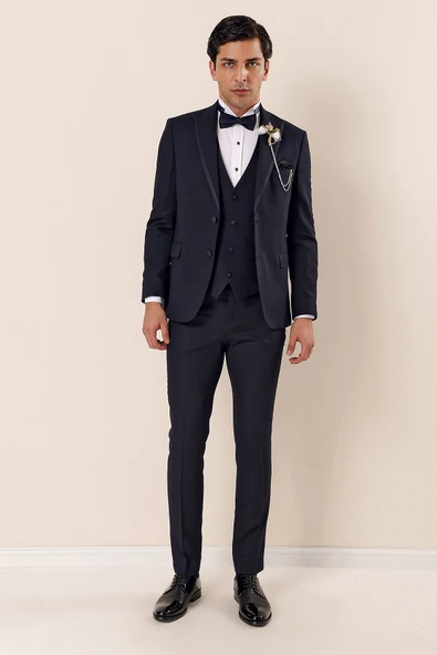 Koyu Lacivert Çıkarılabilir Kırlangıç Yaka Yelekli 6 Drop Slim Fit Smokin Damatlık 1001225203 - Resim 5