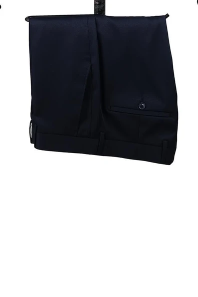 Koyu Lacivert Armürlü Mono Yaka Astarlı Yelekli 6 Drop Slim Fit Smokin Damatlık 1001220205 - Resim 4