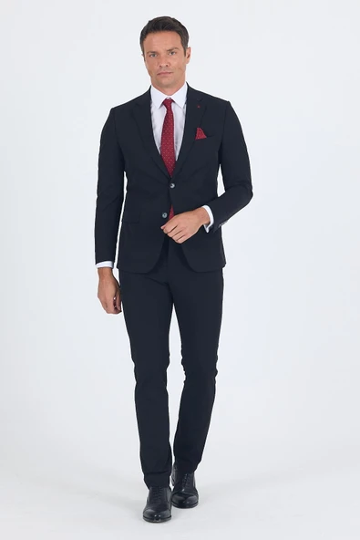 Siyah Mono Yaka Yarım Astar 6 Drop Slim Fit   Beli Lastikli Takım Elbise 1001250121 - Resim 2