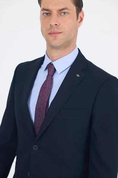 Lacivert Düz Gabardin Mono Yaka 2 Düğme 6 Drop Comfort Fit Basic Takım Elbise 1001250010_206 - Resim 4