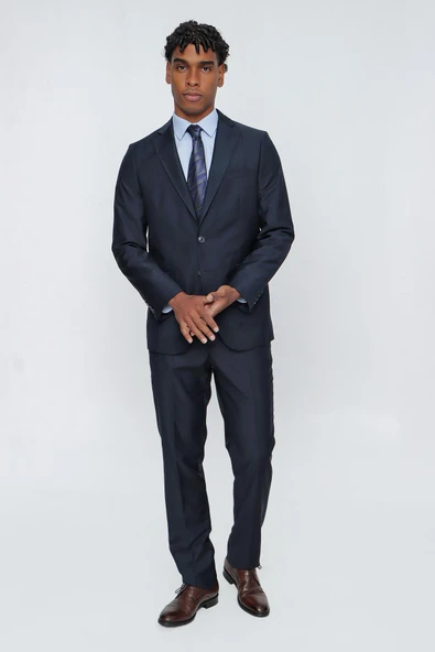 Lacivert Düz Gabardin Mono Yaka 2 Düğme 6 Drop Comfort Fit Basic Takım Elbise 1001250009_206 - Resim 2