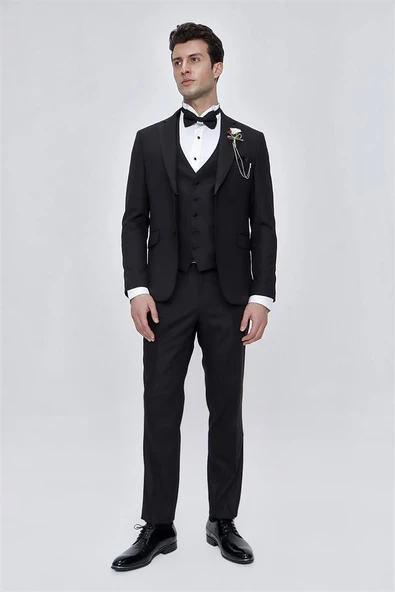 Siyah Armürlü Çıkarılabilir Mono Yaka Yelekli 6 Drop Slim Fit Smokin Damatlık 1001225202 - Resim 4
