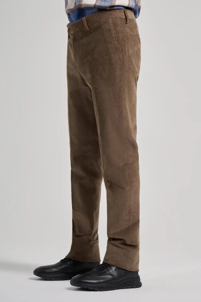 Koyu Bej Pamuklu Yandan Cepli Comfort Fit Kadife Pantolon 1003245160 - Resim 3