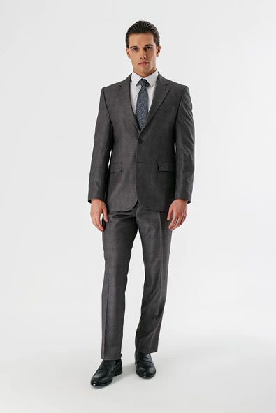 Gri Ekoseli Mono Yaka Çift Yırtmaç 6 Drop Comfort Rahat Kesim Klasik Takım Elbise 1001240160 - Resim 5