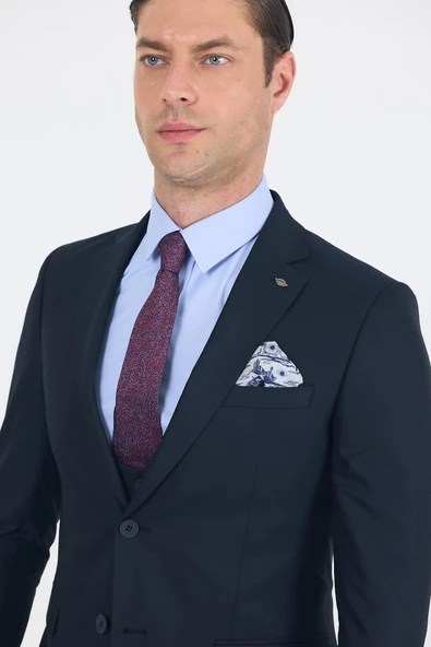 Lacivert Düz Bez Ayağı Mono Yaka 2 Düğme 6 Drop Slim Fit Basic Takım Elbise 1001250186_206 - Resim 4