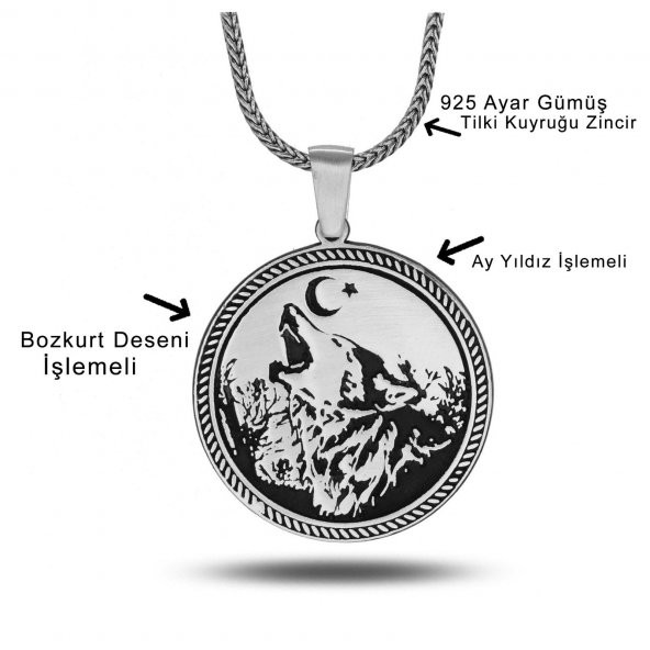 Bozkurt Madalyon Tasarım 60 cm 925 Gümüş Kolye - Resim 2