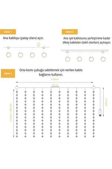 300 Ledli 10 Sarkıt Perde Led Işık-8 Fonksiyon, Uzaktan Kumandalı, 3x3 Metre - 8