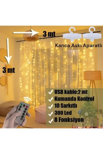 300 Ledli 10 Sarkıt Perde Led Işık-8 Fonksiyon, Uzaktan Kumandalı, 3x3 Metre - 1