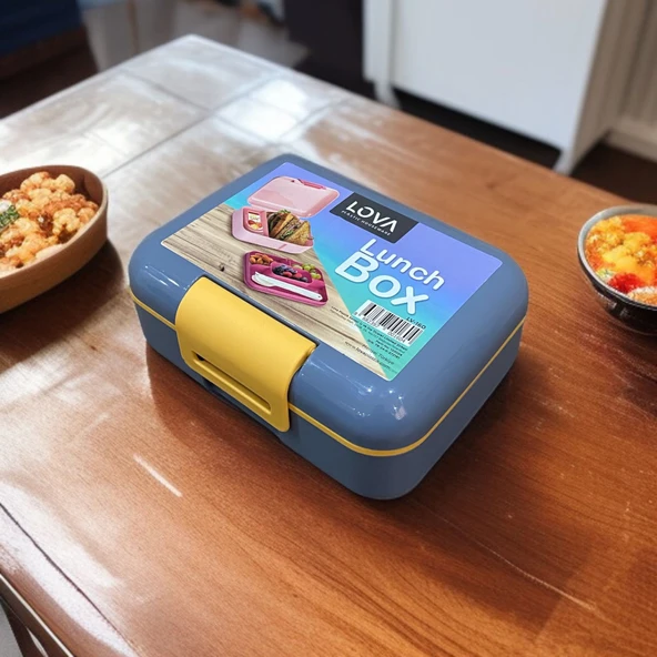 İki Katlı Gri Renk Lunch Box Beslenme Kutusu Çatal,Bıçak,Kaşık Setli